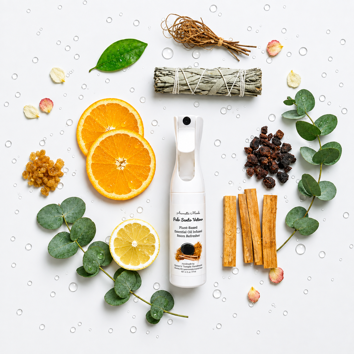 Palo Santo Vetiver Flatlay - Two Sticks Right of Bottle